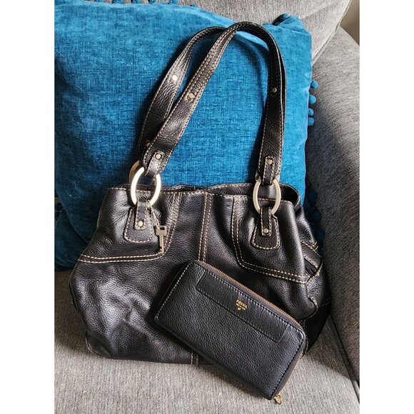 VTG Large Fossil 75082 Black Pebbled Leather Classic Style Handbag W Free Wallet - Picture 2 of 15